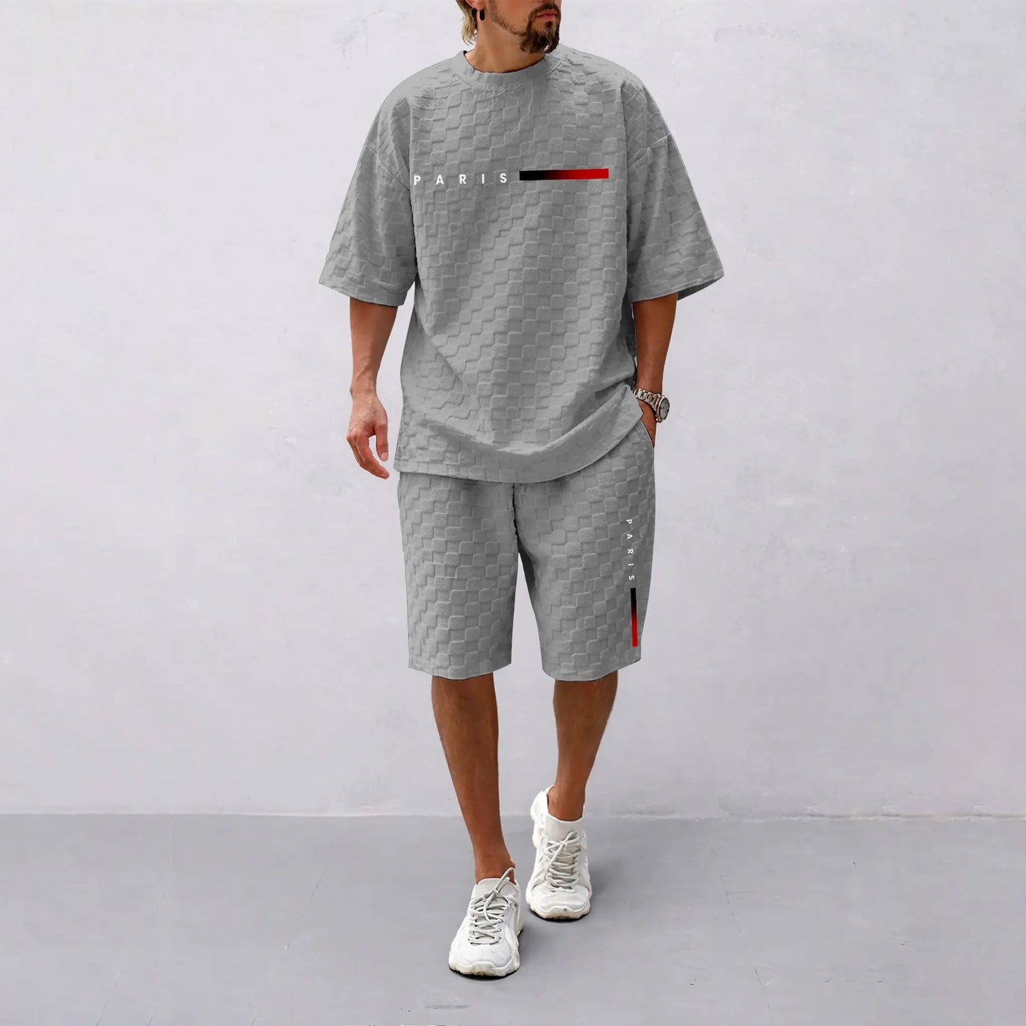 Men's Spring and Summer 'PARIS' Letter Print with Red and Black Line Checkered Fabric Drawstring Shorts Set, Casual Summer Outfit with Short-Sleeved Shirt and Shorts, Ideal for Everyday Wear and Sports Activities