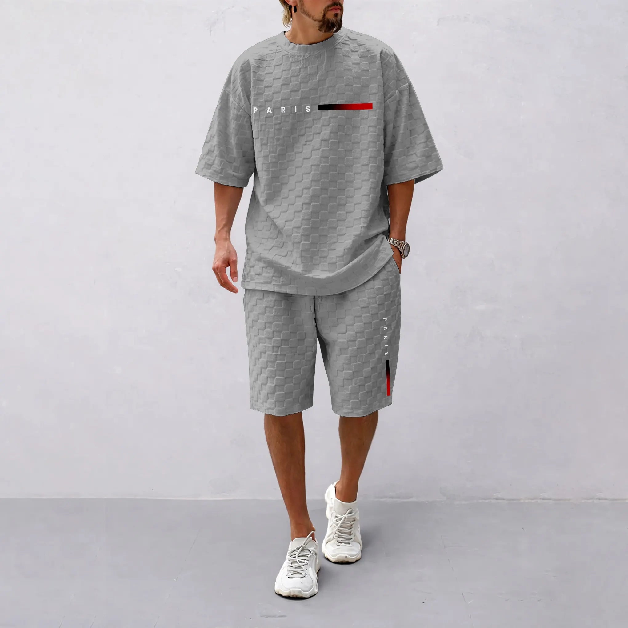 Men's Spring and Summer 'PARIS' Letter Print with Red and Black Line Checkered Fabric Drawstring Shorts Set, Casual Summer Outfit with Short-Sleeved Shirt and Shorts, Ideal for Everyday Wear and Sports Activities