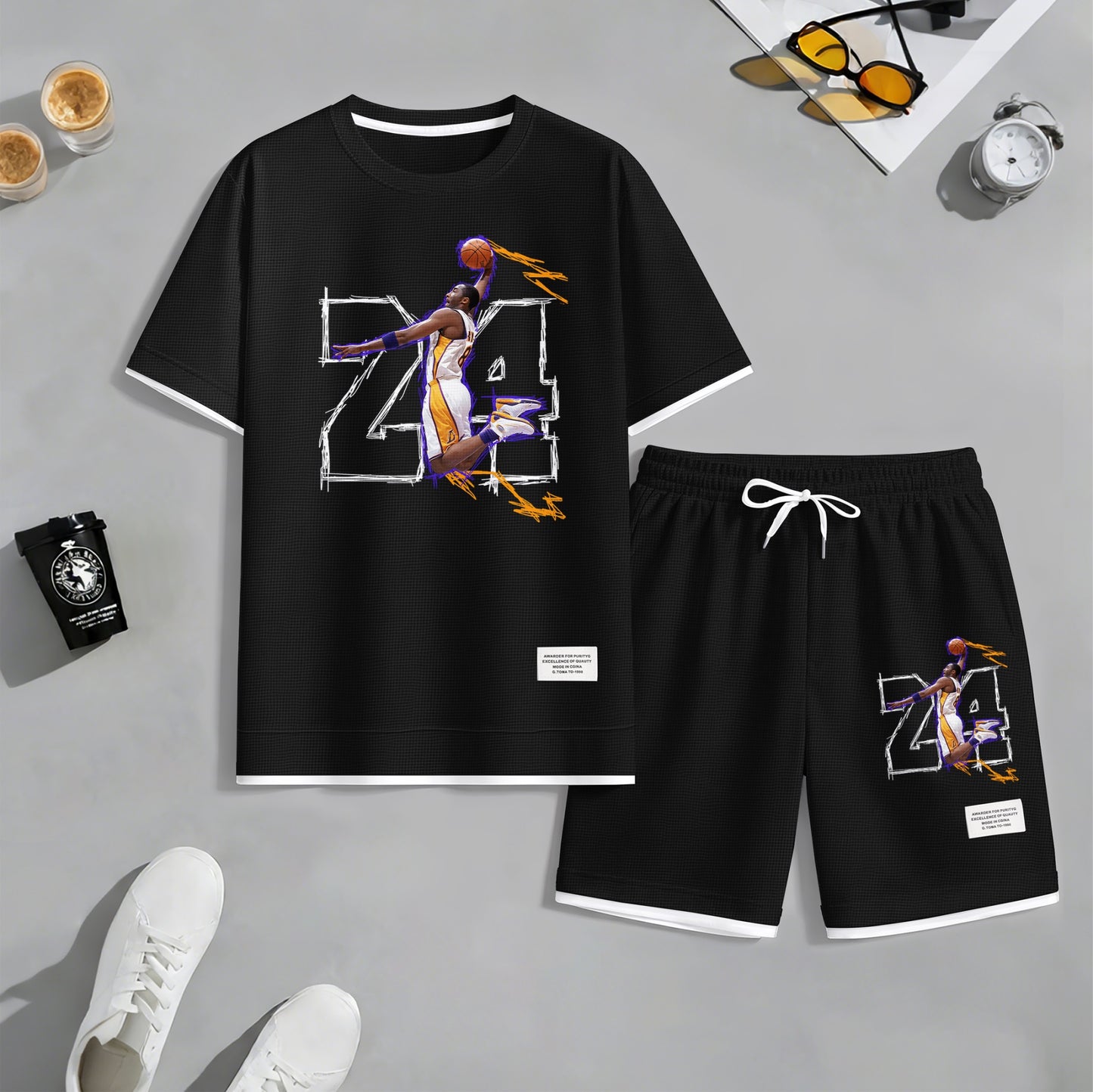 Men's No.24 Basketball Dunk Art Print Short Sleeve T-Shirt & Shorts Set, Summer Lightweight Waffle Sporty Casual Two-Piece Outfit, Streetwear for Basketball, Gym & Daily Wear