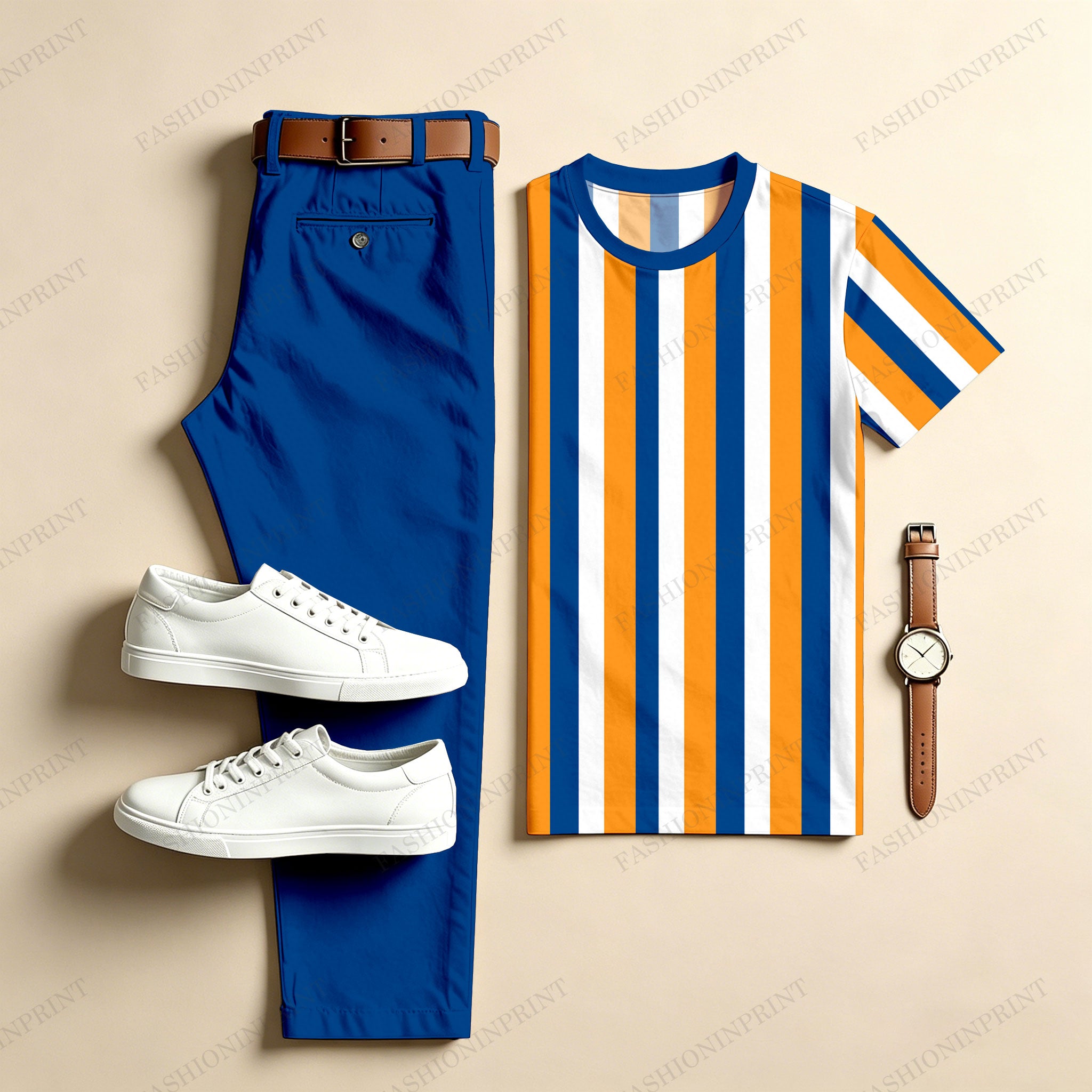 Men's Casual Orange Stripes Two-Piece Set: Printed Crew Neck Short-Sleeve Top & Long Pants