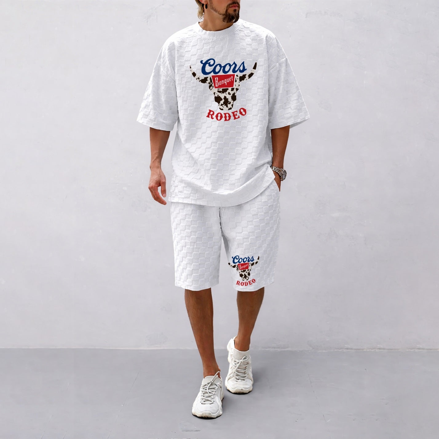 Men's Spring And Summer Classic Beer Print With Red And Black Line Checkered Fabric Drawstring Shorts Set, Casual Summer Outfit With Short-Sleeved Shirt And Shorts, Ideal For Everyday Wear And Sports Activities