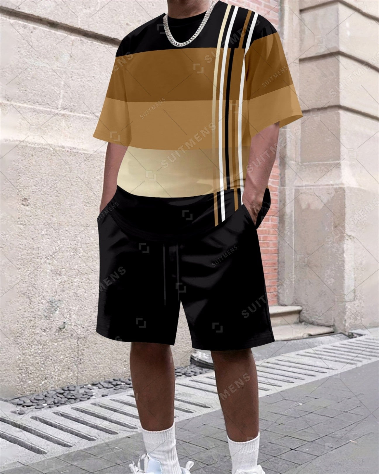 Men's Summer Colorblock Printed Round Neck Set 638