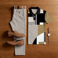 Men's Casual Light Brown & Coffee Color Matching Geometric Printed Short Sleeved Polo Shirt & Trousers Two-Piece Set