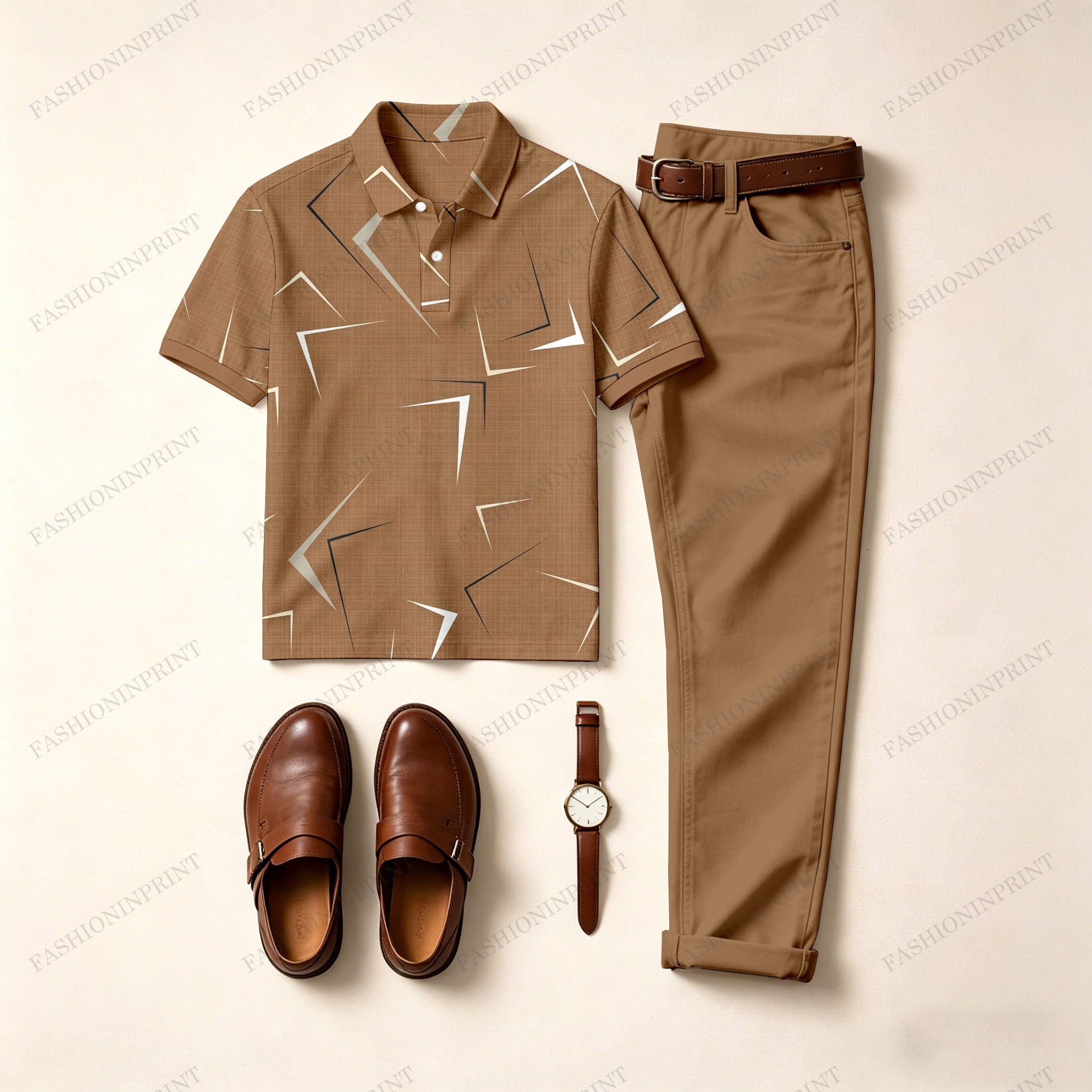 Men's Casual Dark Brown Printed Polo Shirt And Pants Two-Piece Set