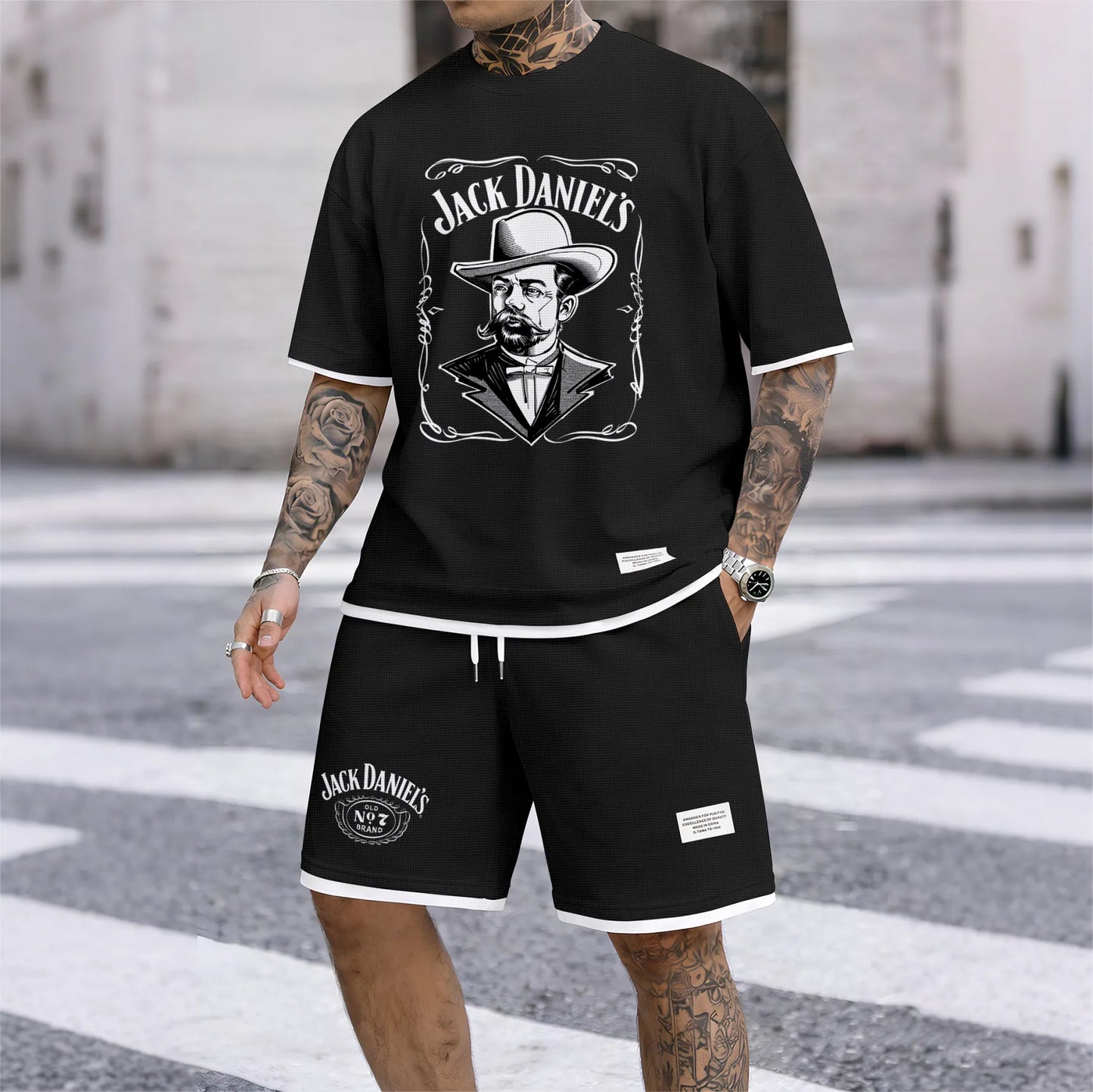 Men's Beer Print Drawstring Shorts Set, Suitable For Spring And Summer Wear, Casual Summer Set, Including Short-Sleeved Shirt And Shorts, Suitable For Everyday Wear And Sports 04