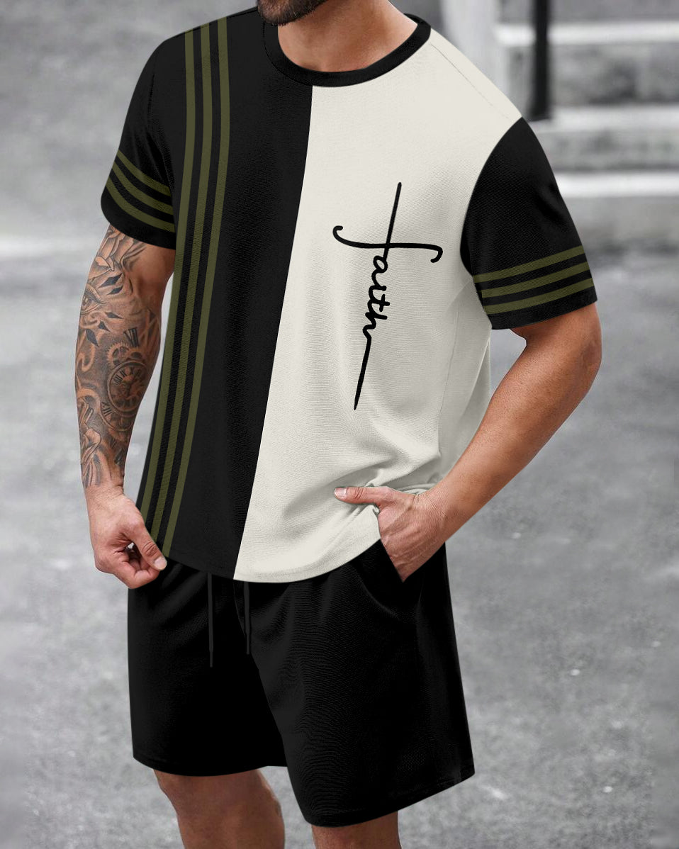 Men's Summer Colorblock Printed Round Neck Set 472