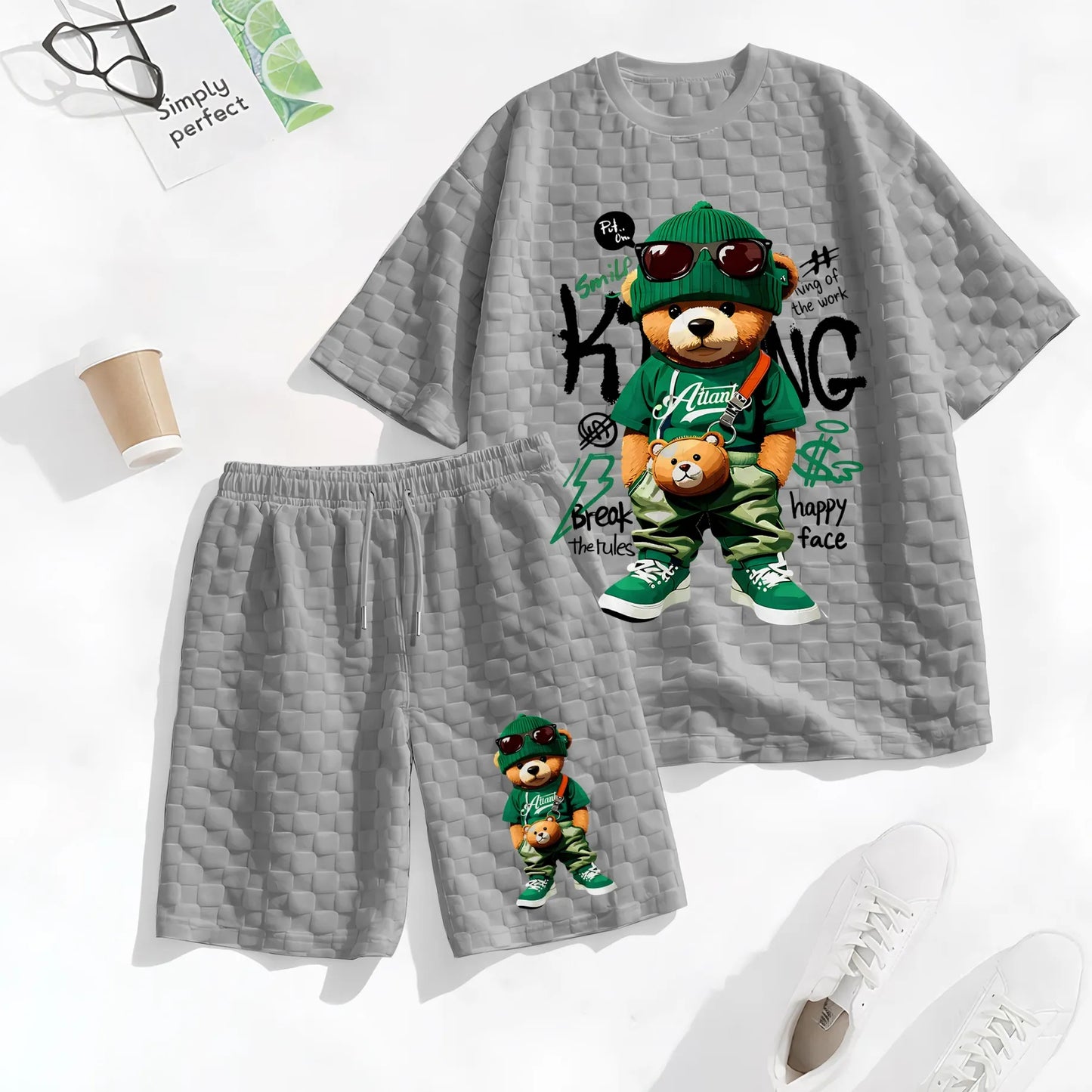 Men's Bear Graphic Print Spring And Summer Drawstring Shorts Set, A Casual Summer Outfit, Including A Short-Sleeved Shirt And Shorts, Suitable For Everyday Wear And Sports Activities.