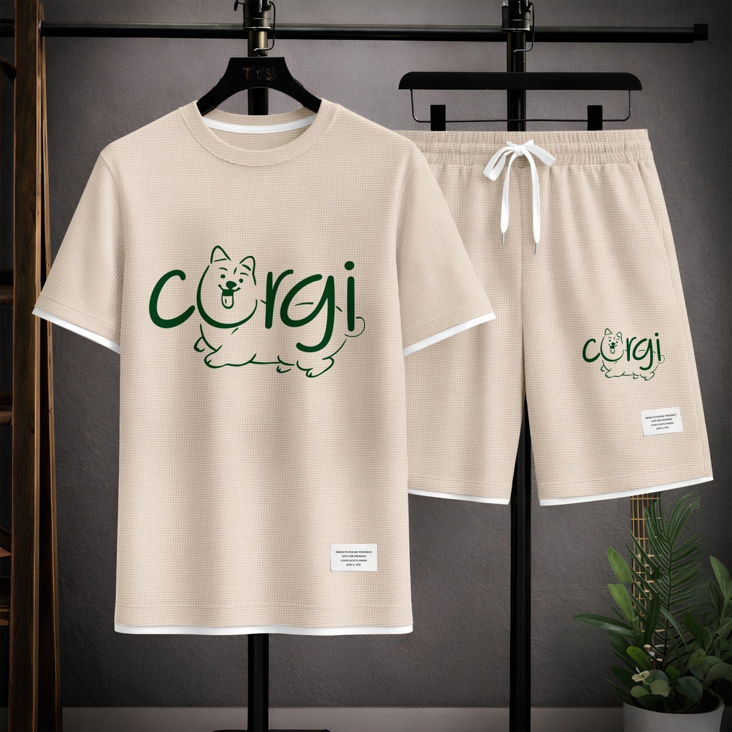 Men's Corgi Graphic Print Short Sleeve Shirt and Drawstring Shorts Set, Casual Summer Two-Piece Outfit, Lightweight Breathable Relaxed Fit Athletic Set for Daily Wear, Beach, Vacation, Travel and Loungewear