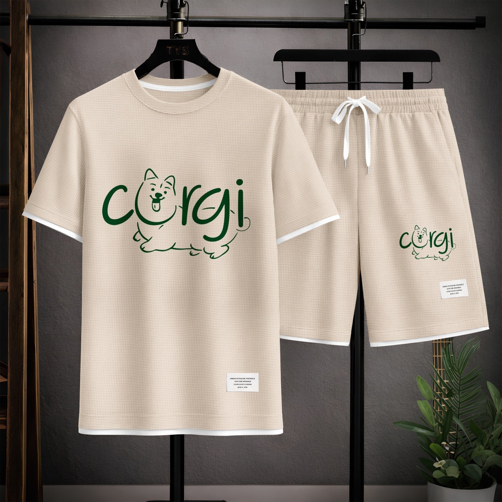 Men's Corgi Graphic Print Short Sleeve Shirt and Drawstring Shorts Set, Casual Summer Two-Piece Outfit, Lightweight Breathable Relaxed Fit Athletic Set for Daily Wear, Beach, Vacation, Travel and Loungewear