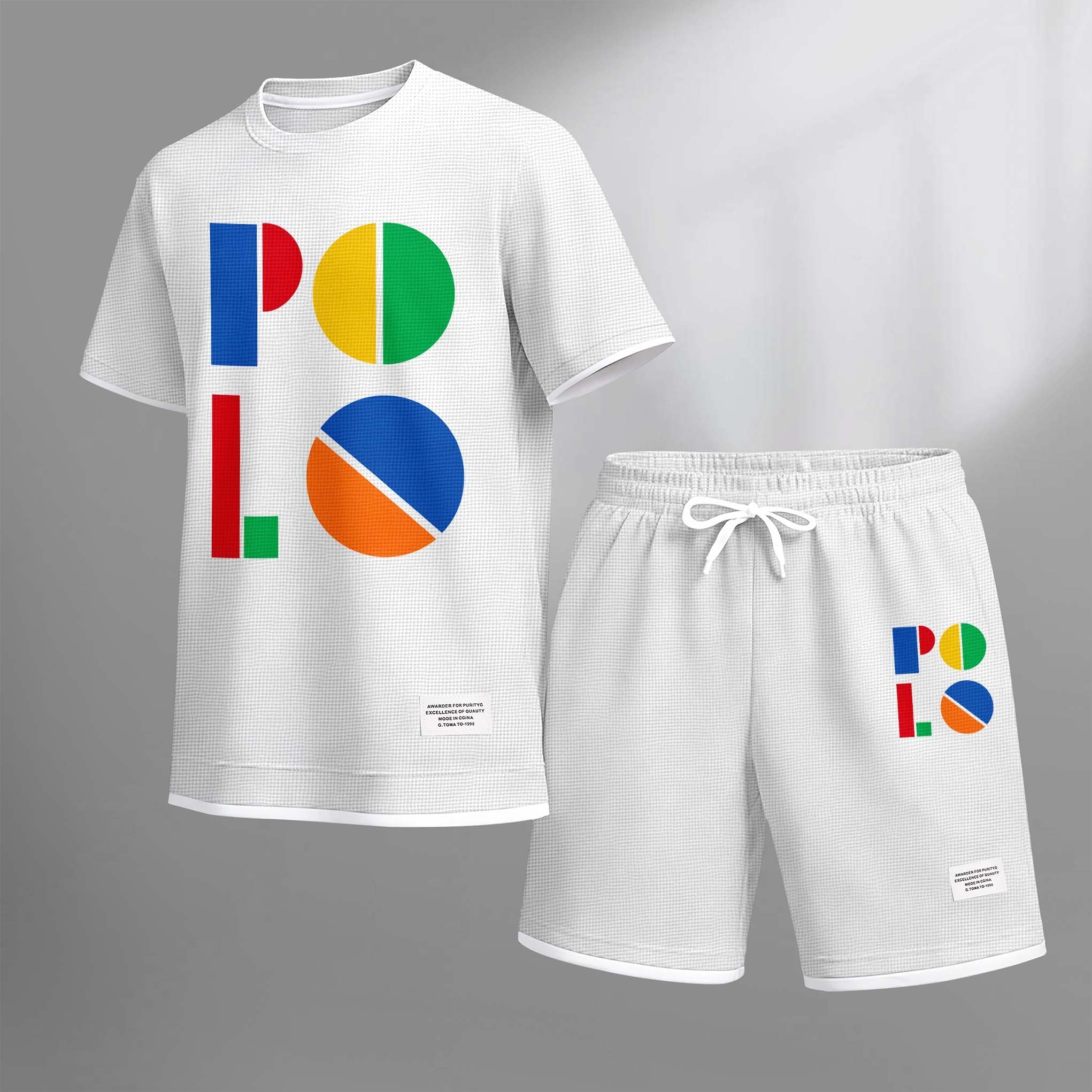 Men's Color Polo Print Drawstring Shorts Set For Spring/Summer. A Casual Summer Outfit, Including A Short-Sleeved Shirt And Shorts, Suitable For Everyday Wear And Sports. A Two-Piece Set For A Relaxed And Energetic Lifestyle.