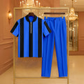 Men's Casual Royal Blue Color Matching Striped Printed Zipper Short Sleeved Polo Shirt & Trousers Two-Piece Set