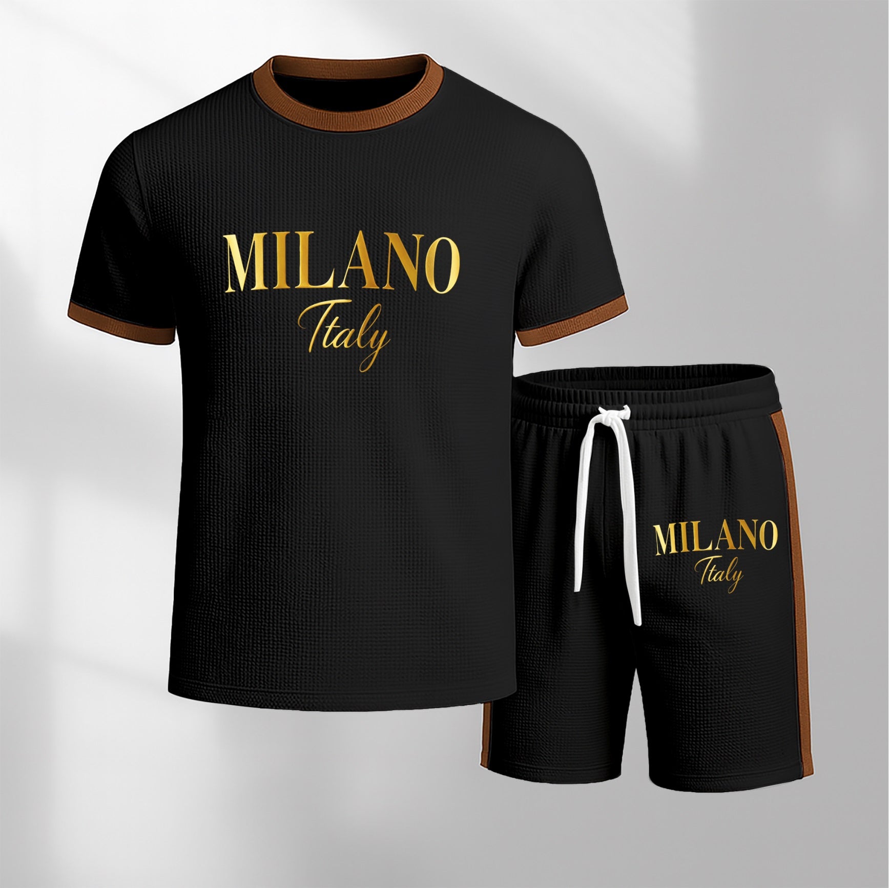 Men's Milan Letter Pattern Short-Sleeve T-Shirt and Drawstring Shorts Set, Men's Clothing, Casual Sportswear Short-Sleeve Top and Shorts, Summer Men's Everyday Wear, Indoor and Outdoor Sportswear, Sports Set