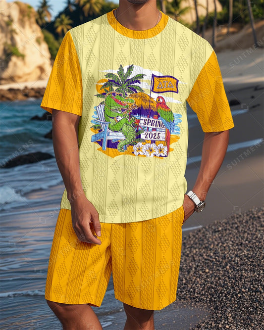 Men's Crew Neck Jacquard Textured Print Shorts Set  0015