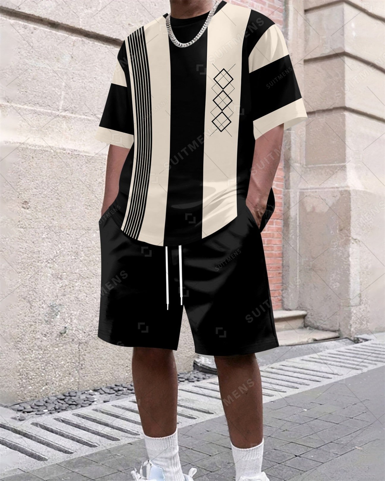 Men's Summer Colorblock Printed Round Neck Set 431