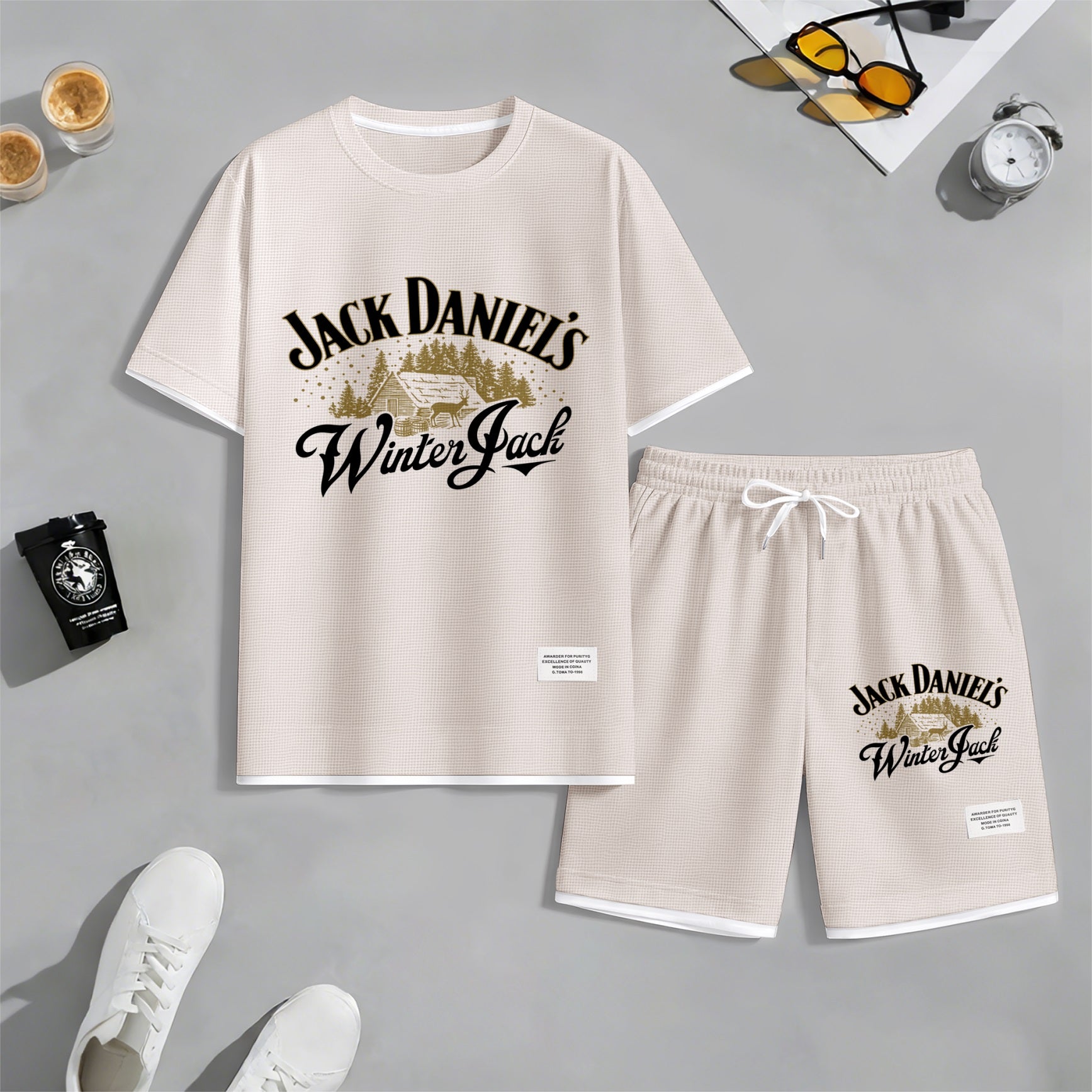 Men's Beer And Beverage Printed Drawstring Shorts Set, Suitable For Spring And Summer Wear, Casual Summer Set, Including Short-Sleeved Shirt And Shorts, Suitable For Everyday Wear And Sports 010