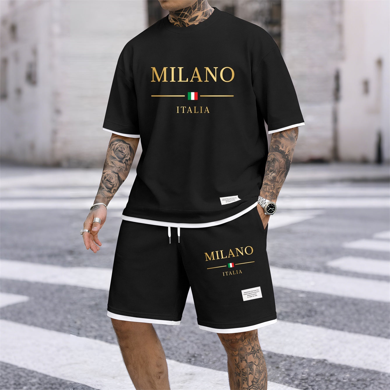 Men's Golden Milano Italy Print Waffle Fabric Short-Sleeved Shirt And Shorts Set02