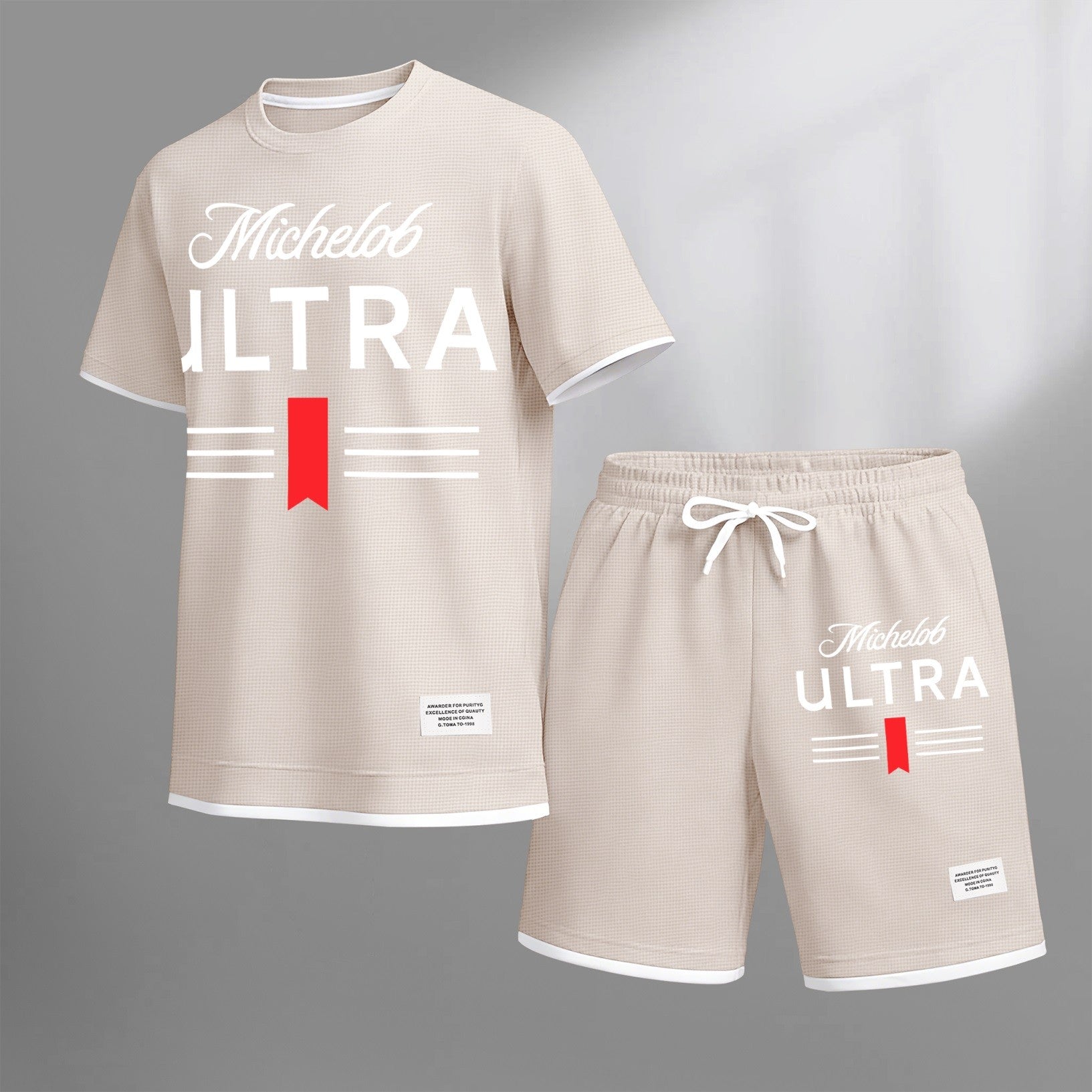Men's vintage beverage print drawstring shorts set, suitable for spring and summer wear. This casual summer set includes a short-sleeved shirt and shorts, perfect for everyday wear and sports. Two-piece set design.