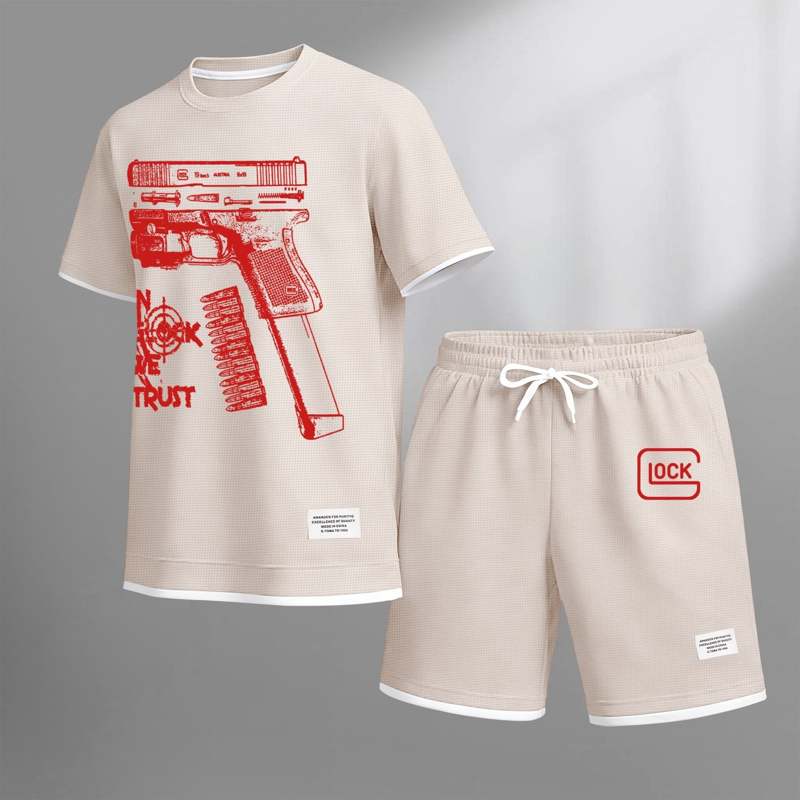 Men's classic K-print drawstring shorts set, perfect for spring and summer. This casual summer set includes a short-sleeved shirt and shorts, ideal for everyday wear and sports activities