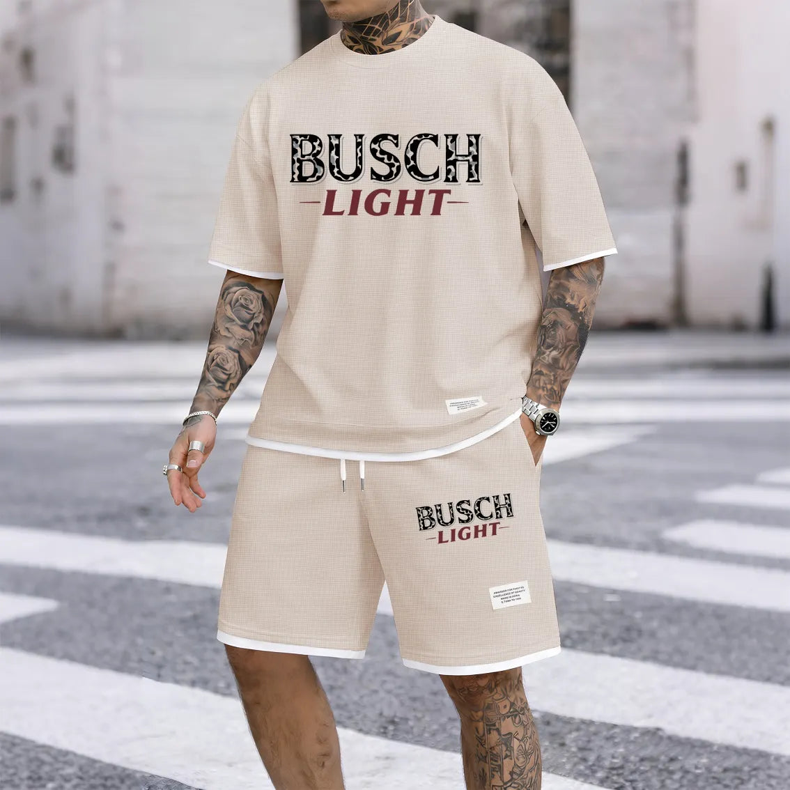 Men's Camping Beer Print Waffle Fabric Short-Sleeved Shirt And Shorts Set