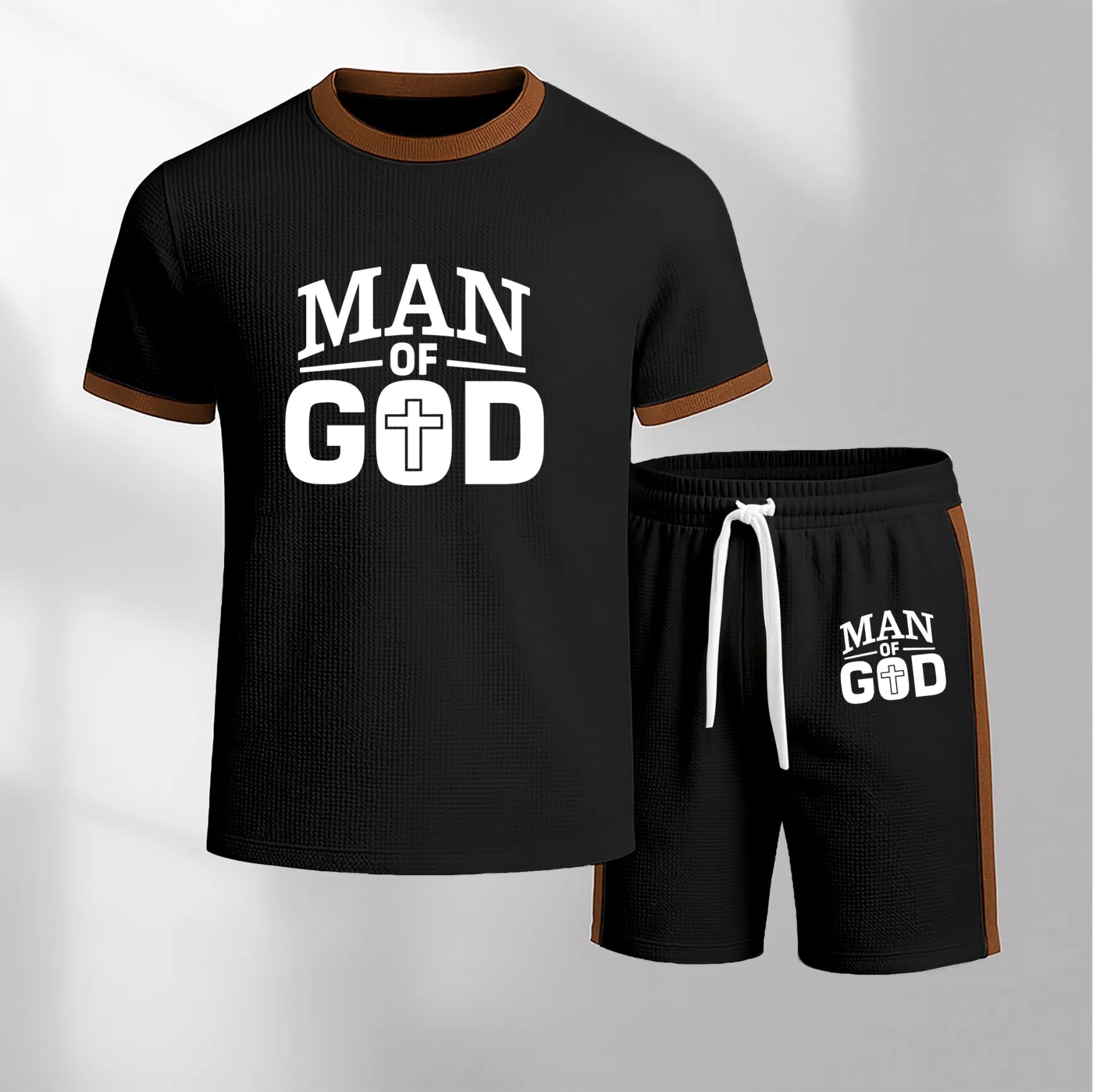 Men's God Graphic Short-Sleeved T-Shirt And Drawstring Shorts Set, Men's Clothing, Casual Sports Short-Sleeved Top And Shorts, Men's Summer Everyday Wear, Indoor And Outdoor Sportswear, Sports Set