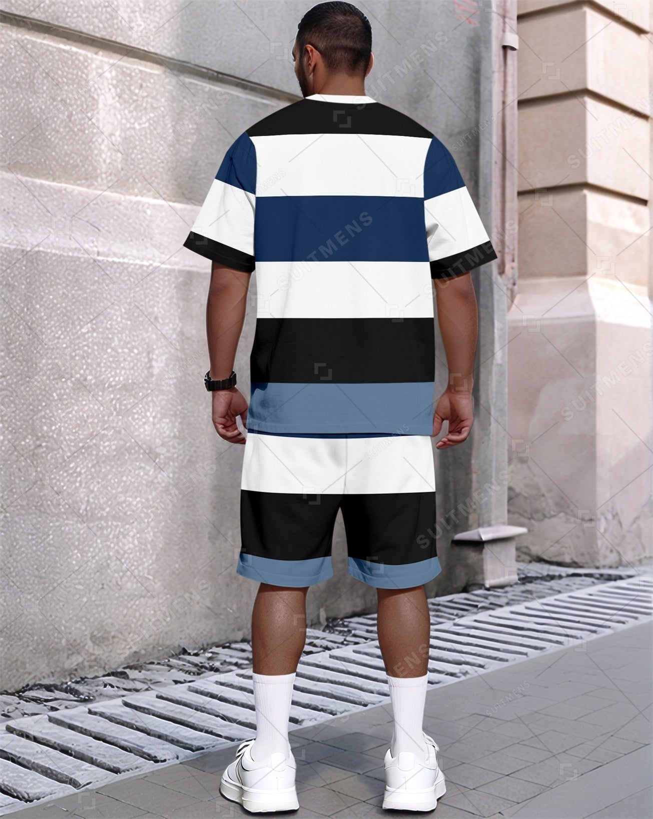 Men's Summer Colorblock Printed Round Neck Set 383