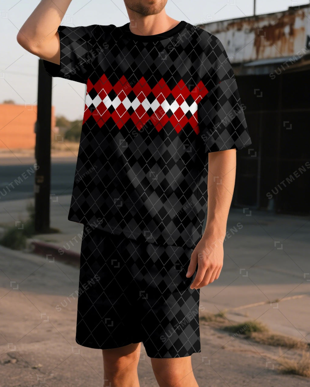 Men's Summer Colorblock Printed Round Neck Suit 07