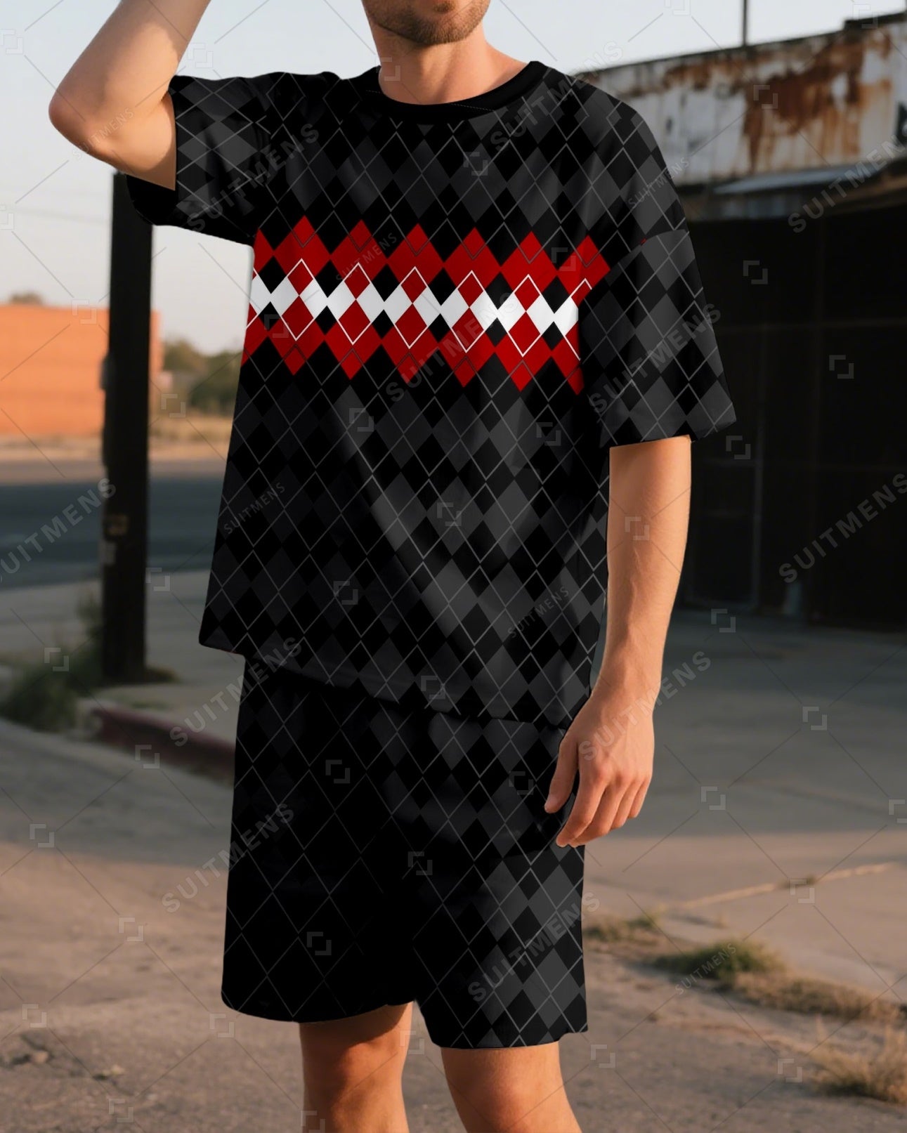 Men's Summer Colorblock Printed Round Neck Suit 07