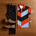 Men's Casual Red & Black & Blue Color Matching Checkered Printed Short Sleeved Polo Shirt & Trousers Two-Piece Set