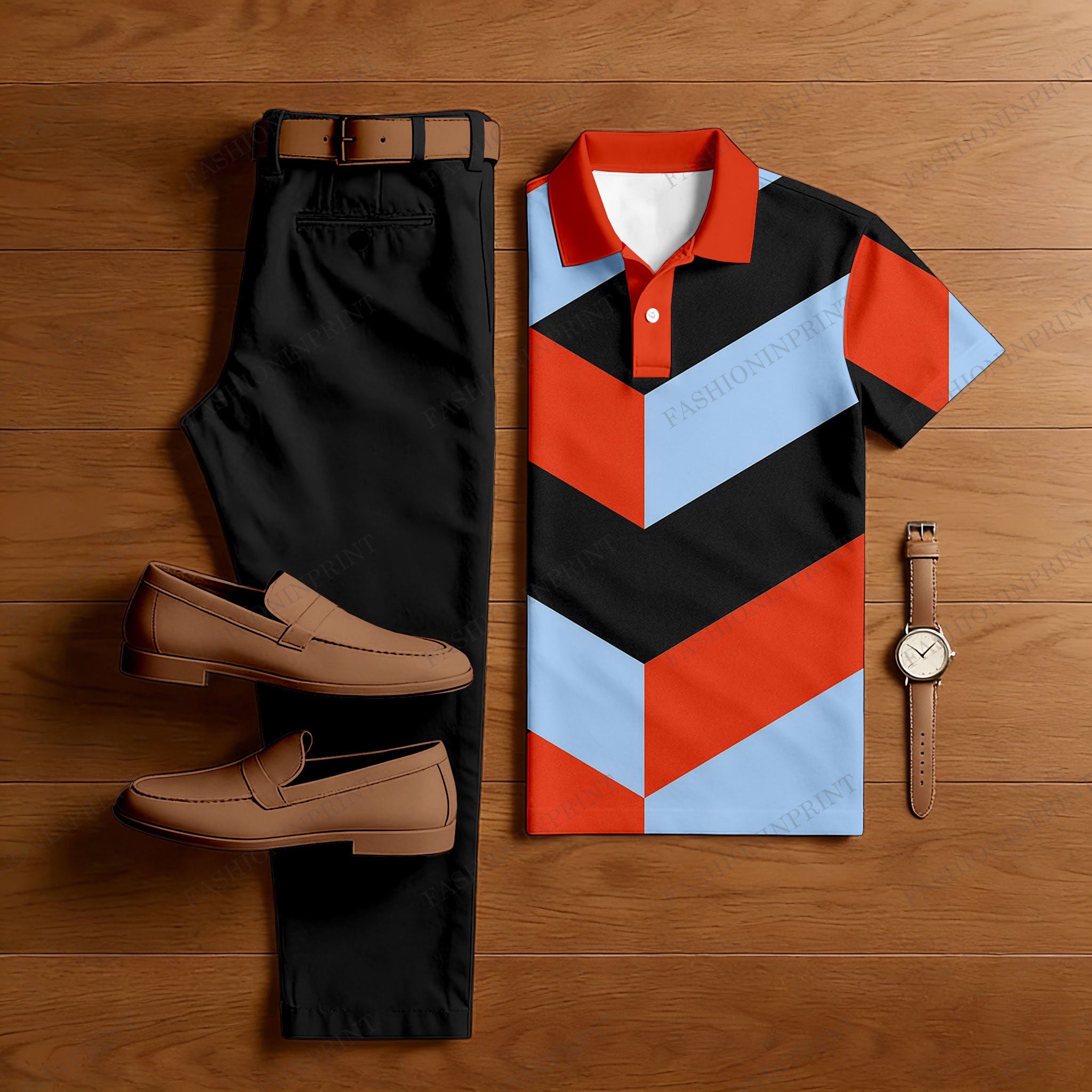 Men's Casual Red & Black & Blue Color Matching Checkered Printed Short Sleeved Polo Shirt & Trousers Two-Piece Set