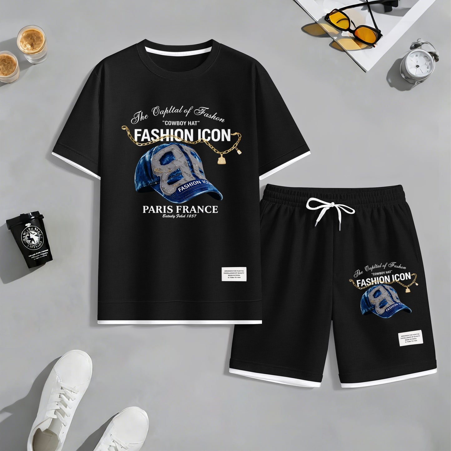 Men's Retro Cool Letter Print Short Sleeve T-Shirt & Shorts Set, Summer Lightweight Waffle Sporty Casual Two-Piece Outfit, Streetwear for Gym & Daily Wear
