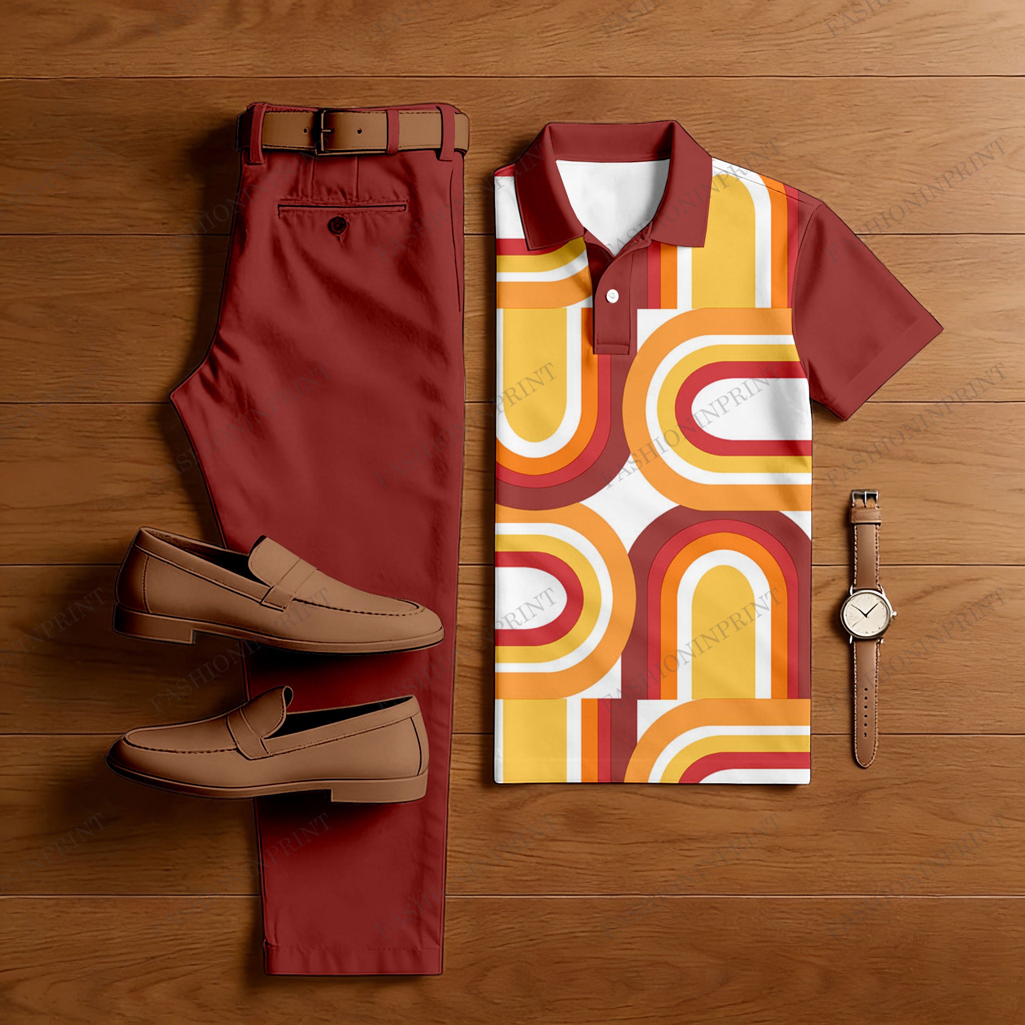 Men's Casual Color Matching Geometric Printed Short Sleeved Polo Shirt & Trousers Two-Piece Set