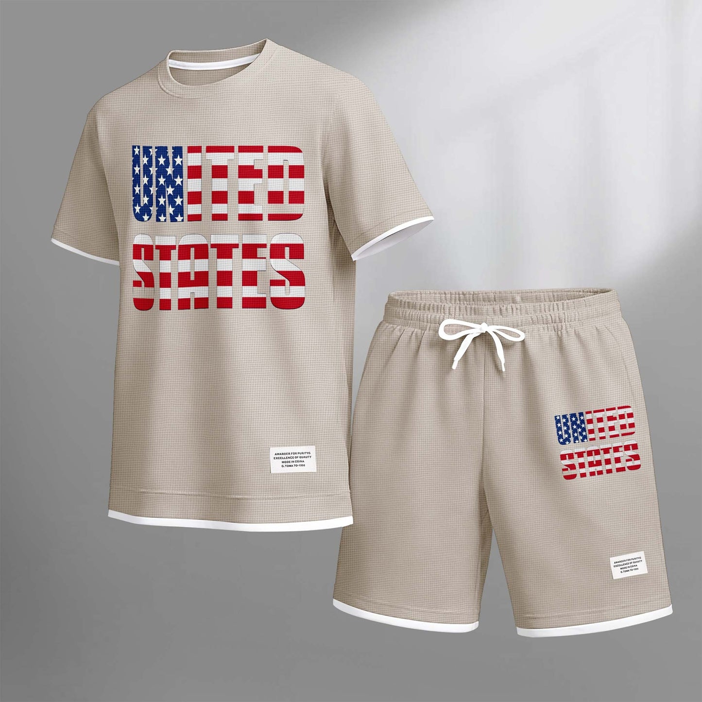 Men's United States Print Drawstring Shorts Set For Spring/Summer. A Casual Summer Outfit, Including A Short-Sleeved Shirt And Shorts, Suitable For Everyday Wear And Sports. A Two-Piece Set For A Relaxed And Energetic Lifestyle.