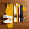 Men's Casual Yellow Geometry Printed Polo Shirt And Trousers Two-Piece Set 204039