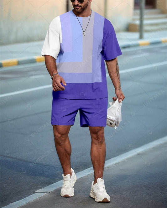 Men's Striped Colorblock Casual Summer Round Neck Set 0121