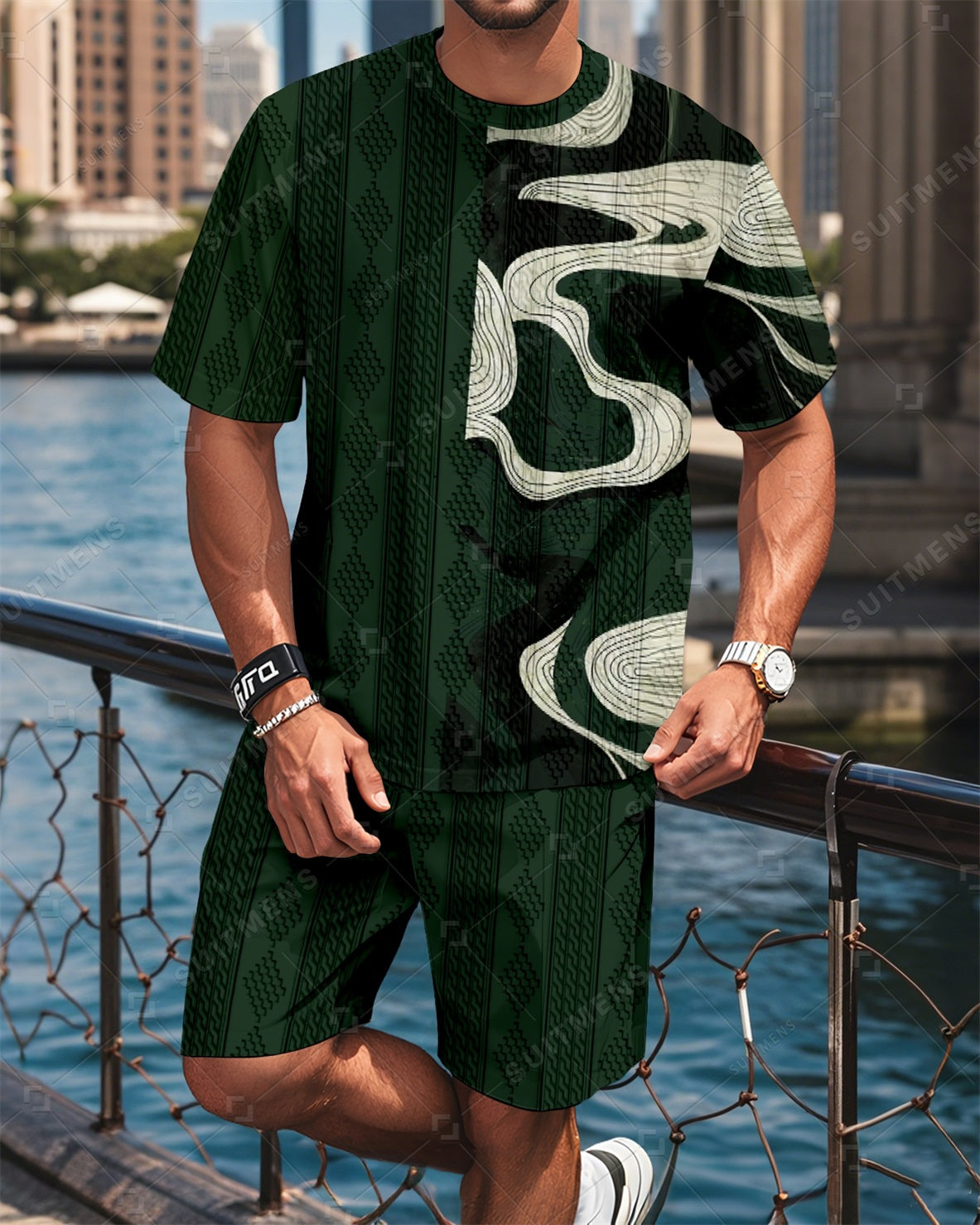 Men's Crew Neck Jacquard Textured Print Shorts Set  0013