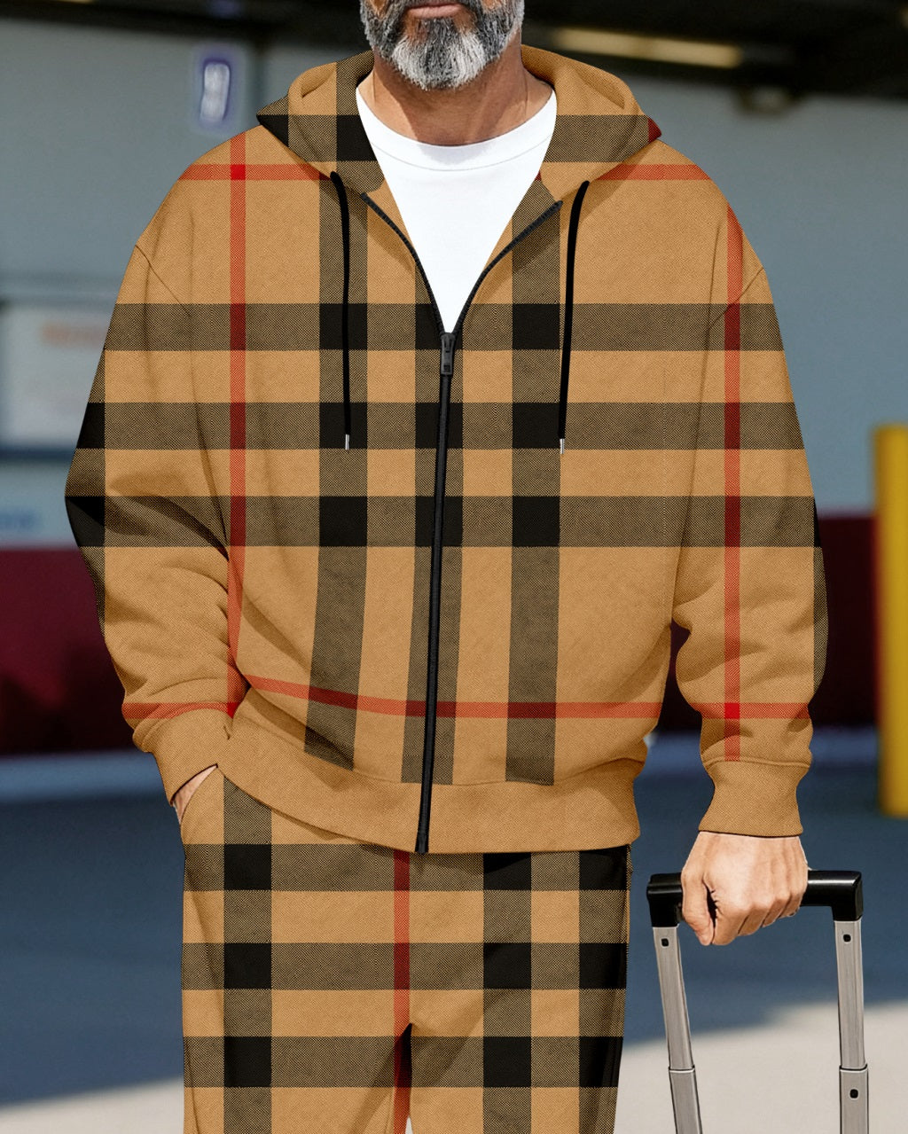Men's Retro Luxury Thickened Fleece Colorblock Jacket Sports Hoodie Set 06