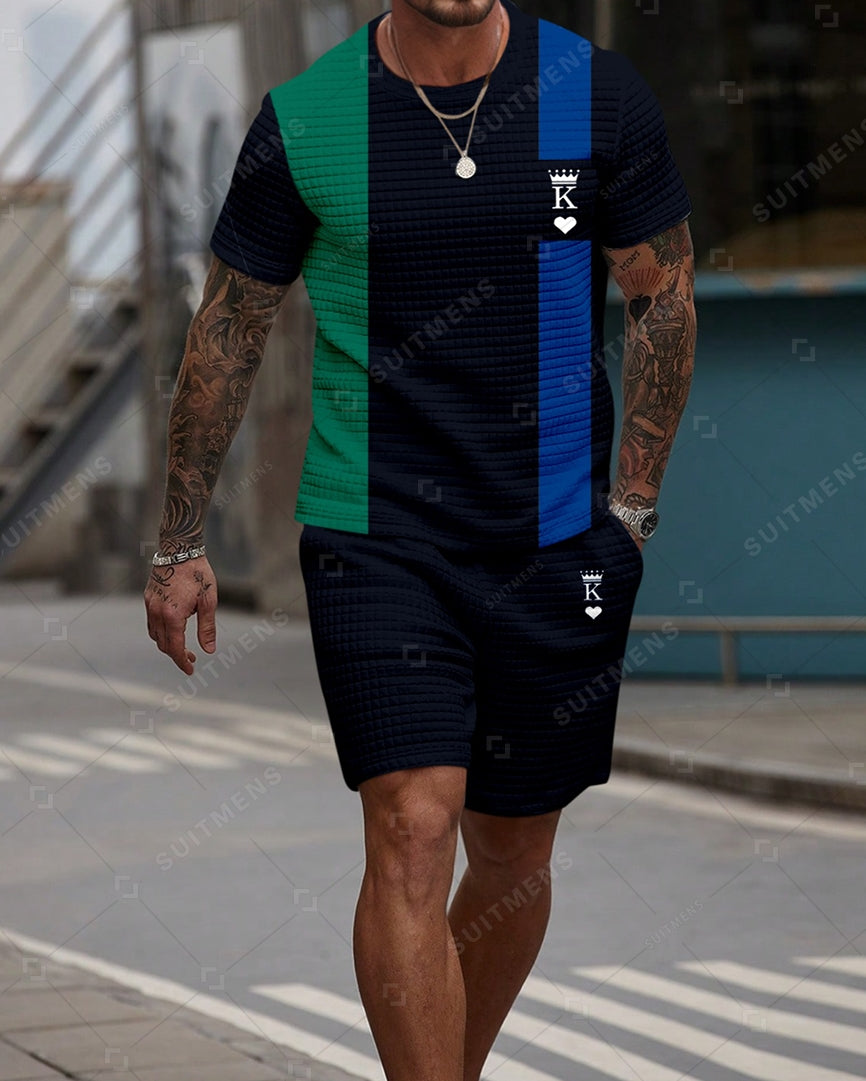 Men's Casual Waffle Textured Summer Round Neck Short Sleeve Shorts Set 0027