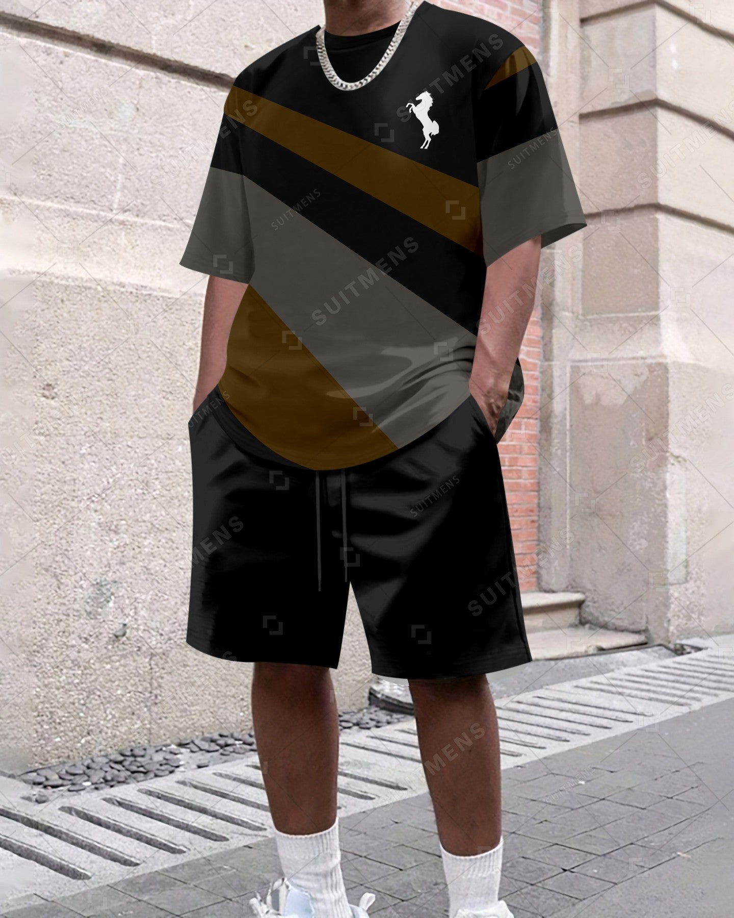 Men's Summer Colorblock Printed Round Neck Set 415