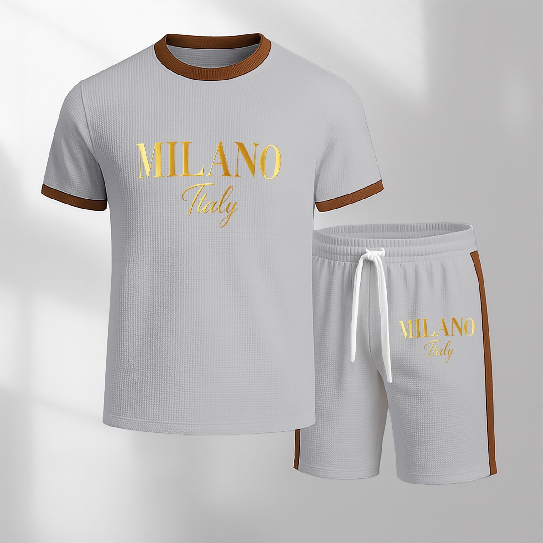 Men's Milan Letter Pattern Short-Sleeve T-Shirt and Drawstring Shorts Set, Men's Clothing, Casual Sportswear Short-Sleeve Top and Shorts, Summer Men's Everyday Wear, Indoor and Outdoor Sportswear, Sports Set