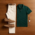 Men's Casual Dark Green & Khaki Color Matching Short Sleeved Polo Shirt & Trousers Two-Piece Set