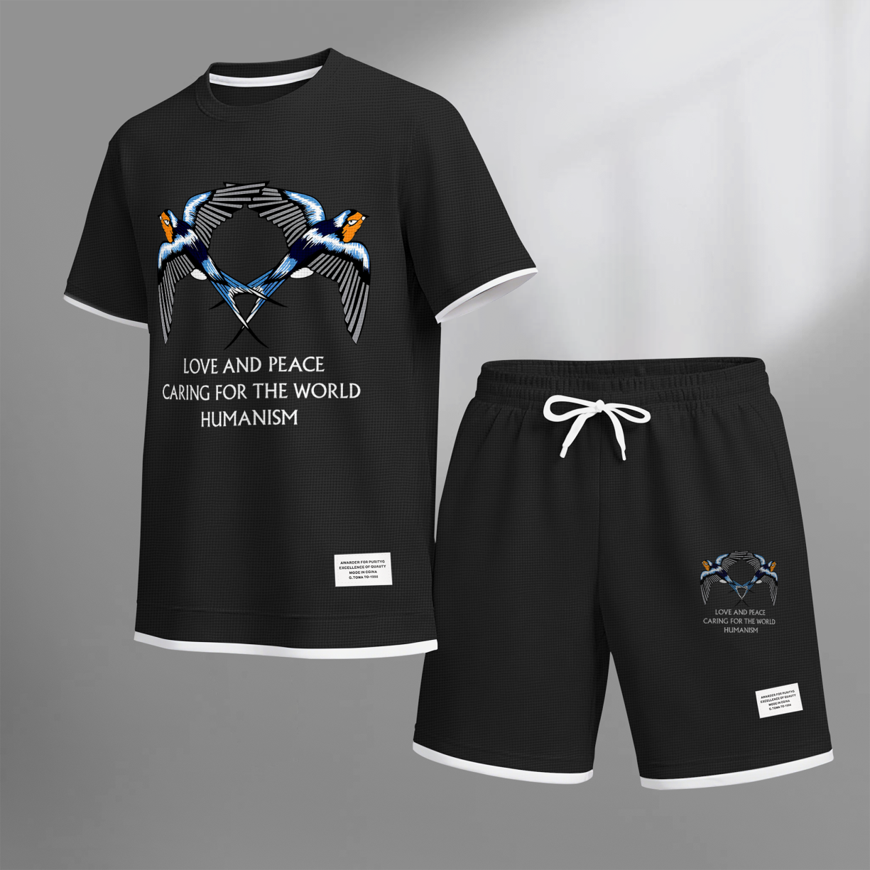 Men's Casual Style Peace Dove Print Waffle Fabric Short-Sleeved Shirt And Shorts Set