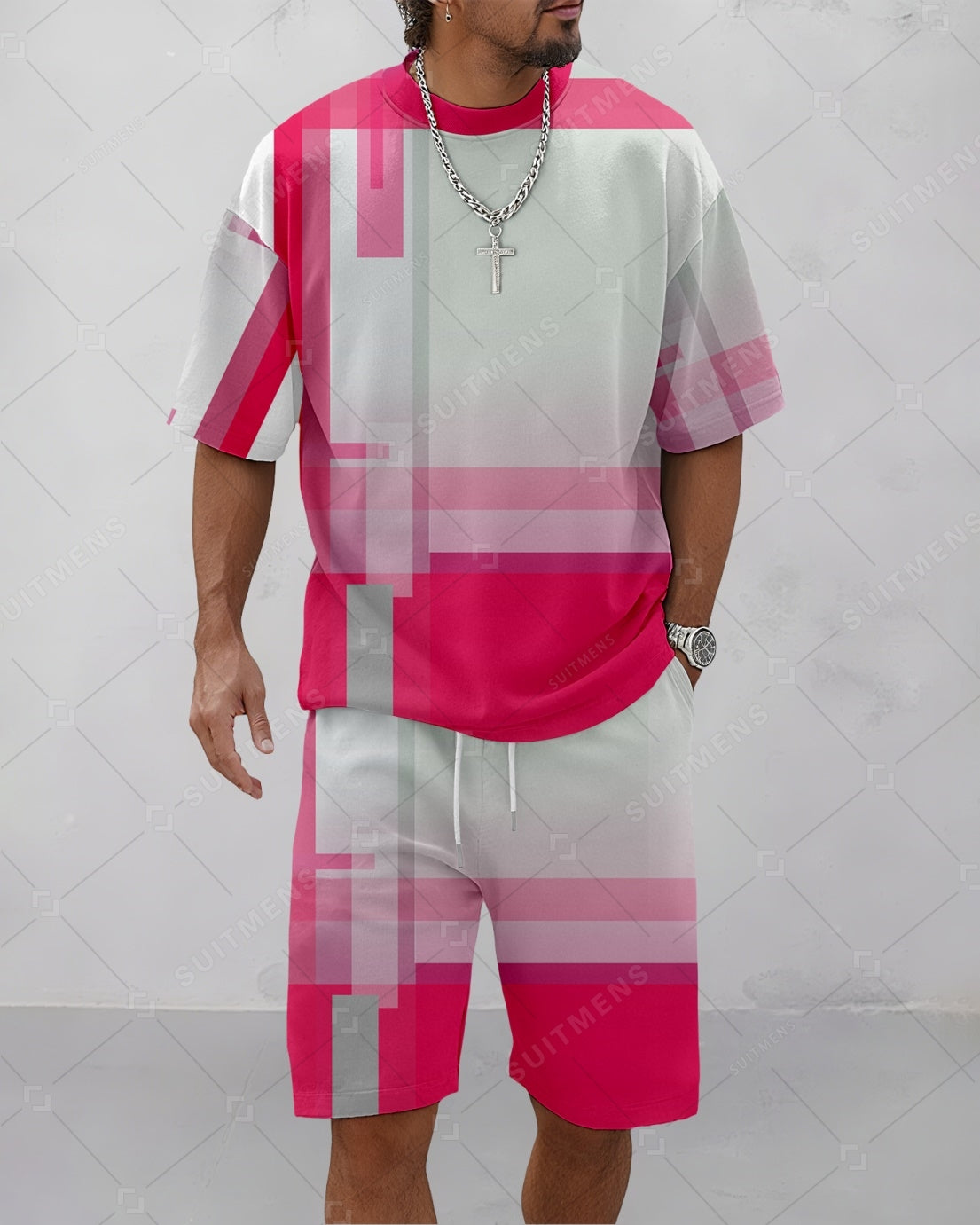 Men's Summer Colorblock Printed Round Neck Suit 069