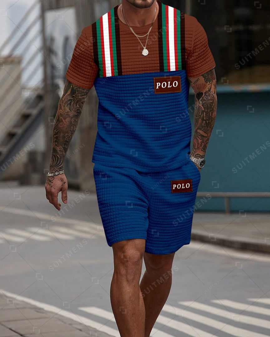 Men's Casual Waffle Textured Summer Round Neck Short Sleeve Shorts Set 0016