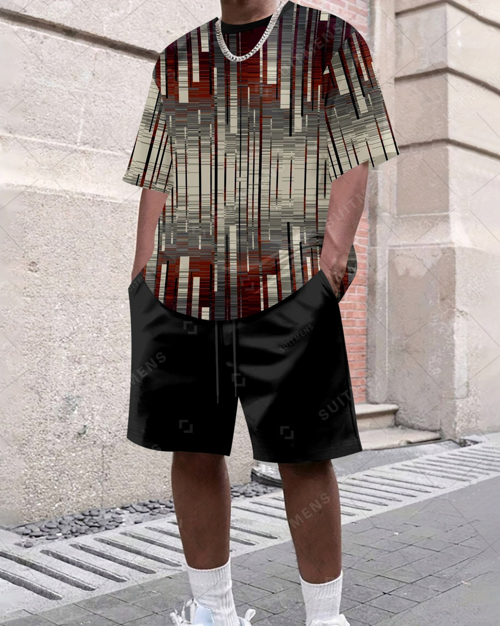 Men's Summer Colorblock Printed Round Neck Set 486