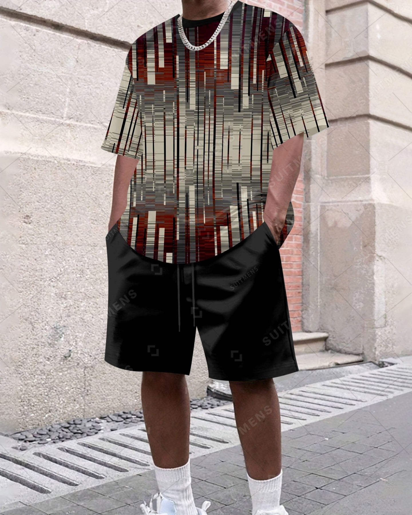 Men's Summer Colorblock Printed Round Neck Set 486