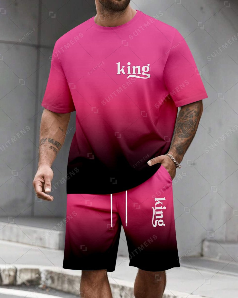 Men's Summer Colorblock Printed Round Neck Set 473
