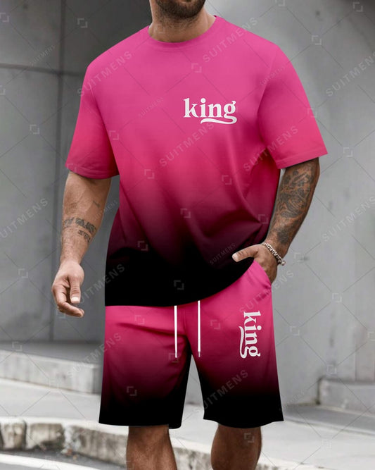 Men's Summer Colorblock Printed Round Neck Set 473