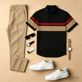 Men's Casual Black & Brown Plaid Color-Blocked Printed Crew Neck Short-Sleeved Shirt And Trousers Two-Piece Set