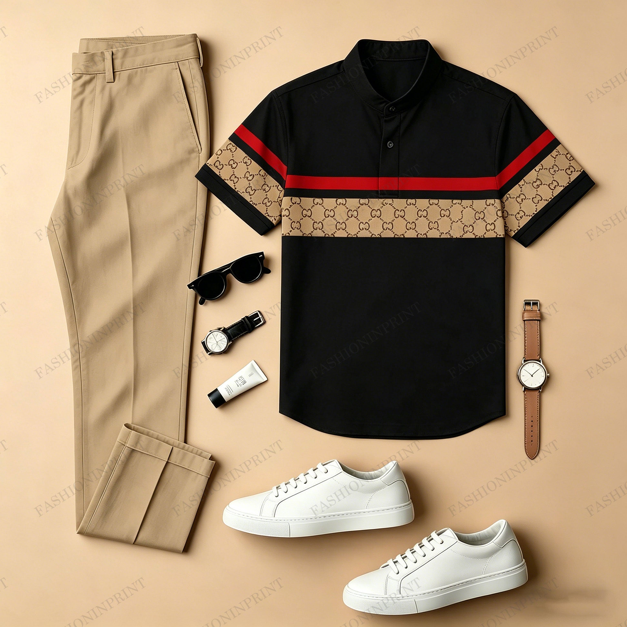 Men's Casual Black & Brown Plaid Color-Blocked Printed Crew Neck Short-Sleeved Shirt And Trousers Two-Piece Set