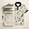Men's Casual Apricot & Black Color Matching Art Printed Short Sleeved Polo Shirt & Trousers Two-Piece Set